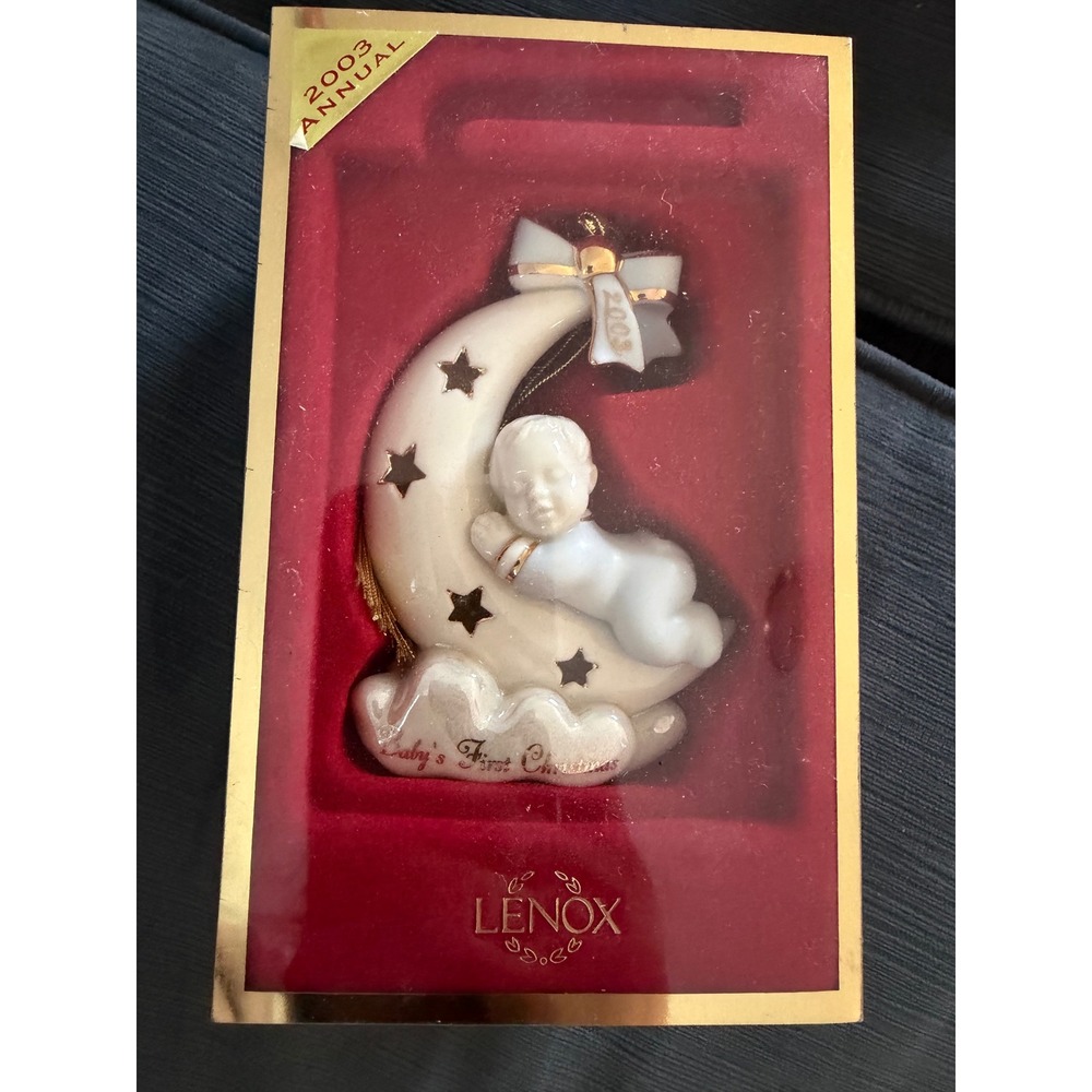 Lenox 2003 Annual Babys First Christmas Ornament Moon Baby Fine Ivory China Gold